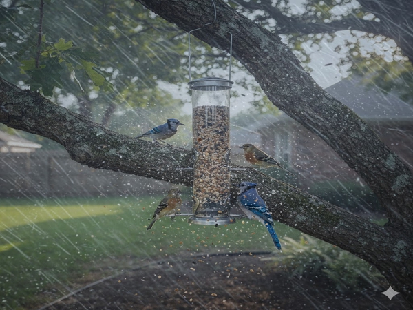A bird feeder getting battered by wind and rain